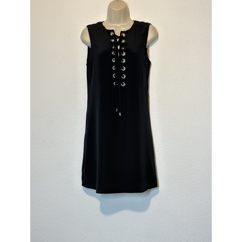 Womens Black Silk Dress Lace Up Front Sleeveless Core Basic Small Minimalist
